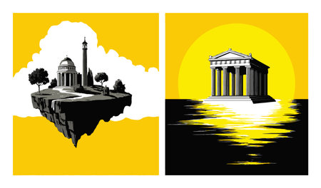 A striking vector illustration featuring a floating island with a building and an ancient temple against a vibrant yellow sunset. Ideal for artistic themes.のイラスト素材