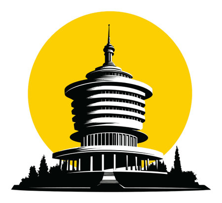 A striking vector illustration showcasing an iconic building silhouette against a vibrant yellow circle, combining modern architecture with artistic elements.のイラスト素材
