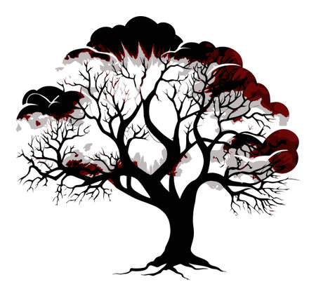 This striking abstract illustration features a black tree with intricate, bare branches contrasted against red and black cloud formations, creating an eerie and artistic atmosphere.のイラスト素材