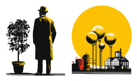This vector illustration features a man in a hat observing a small tree and industrial elements. The contrasting visuals symbolize growth and technology in a modern landscape.のイラスト素材