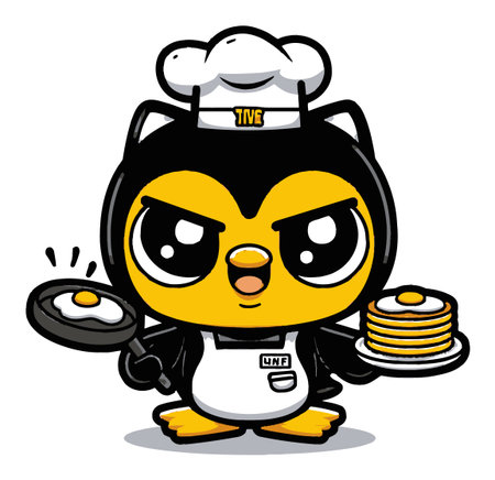 This adorable cartoon penguin chef showcases a playful design, holding pancakes and a frying pan, perfect for children's themes or food-related content.のイラスト素材