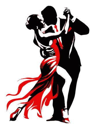 This striking illustration features a dance couple elegantly entwined in a passionate tango. The bold colors create a dynamic and romantic atmosphere, making it perfect for art and dance themes.のイラスト素材