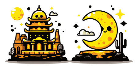 This colorful cartoon artwork features a whimsical temple and a glowing moon with a smile. Perfect for creative projects, it captures joy and fantasy in vibrant design.のイラスト素材