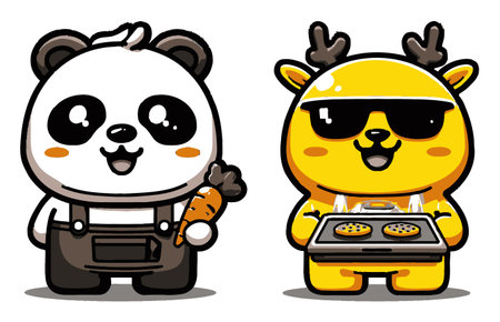 This delightful cartoon features a cheerful panda holding a carrot alongside a yellow character in sunglasses, both joyfully cooking. Perfect for projects that need a fun, vibrant touch.のイラスト素材