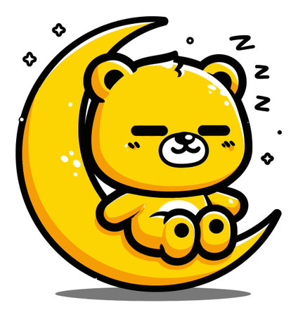 Adorable cartoon bear character sitting peacefully on a crescent moon, surrounded by stars. This cute design exudes warmth and joy, perfect for children's decor.のイラスト素材