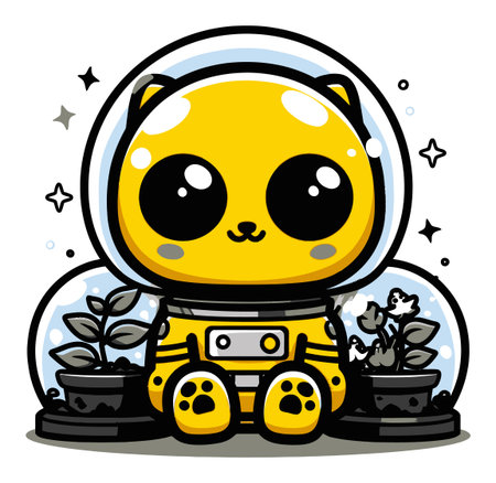 A cute cartoon yellow cat astronaut in a bubble, surrounded by plants. This playful illustration captures a whimsical space adventure perfect for children's designs.のイラスト素材