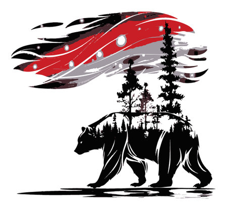 Striking illustration of a bear walking through a forest with an abstract background. This artwork captures the essence of nature and creativity in a unique visual style.のイラスト素材
