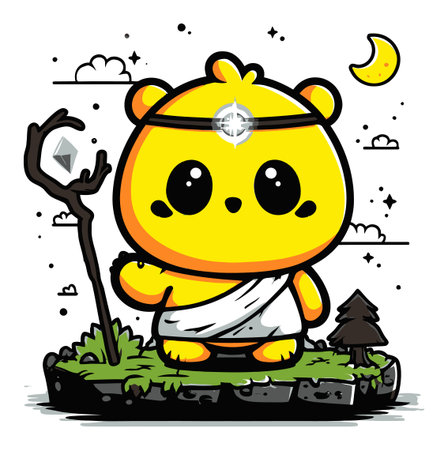 Adorable yellow bear character stands proudly in a fantasy night setting, holding a sparkling gem. Surrounded by whimsical trees and a bright moon, perfect for enchanting illustrations or children's themes.のイラスト素材