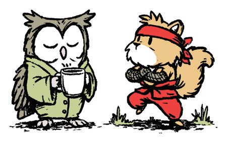 This playful illustration features an owl holding a cup next to a ninja fox in action. The charming characters utilize a vibrant hand-drawn style that brings joy.のイラスト素材