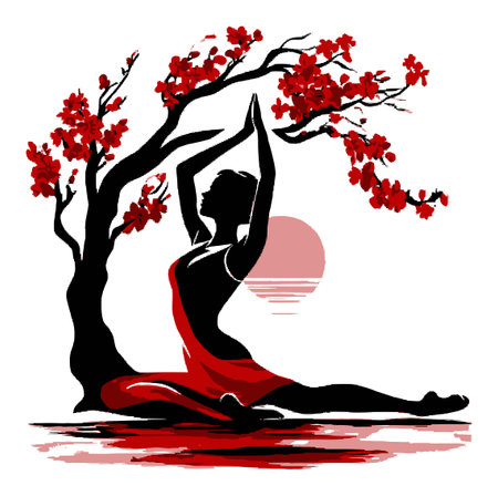 Captivating illustration of a dancer performing a graceful pose under a cherry blossom tree, set against a serene sunset backdrop. Perfect for art lovers.のイラスト素材