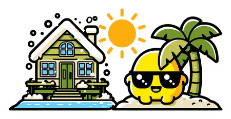 A vibrant cartoon scene featuring a cheerful character in sunglasses by a sunny beach house, surrounded by a palm tree, perfect for summer themes and fun.のイラスト素材