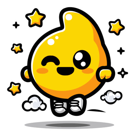 This cheerful yellow cartoon character features expressive eyes and a joyful smile, surrounded by stars and clouds, perfect for fun and whimsical designs.のイラスト素材