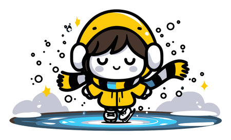 A cheerful cartoon character ice skating on a frozen surface, wearing a vibrant yellow coat and a stylish scarf. Perfect for winter-themed illustrations.のイラスト素材
