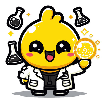 Adorable cartoon scientist character featuring bright yellow color, holding a magical swirl. Perfect for child-friendly designs, educational materials, or playful illustrations.のイラスト素材