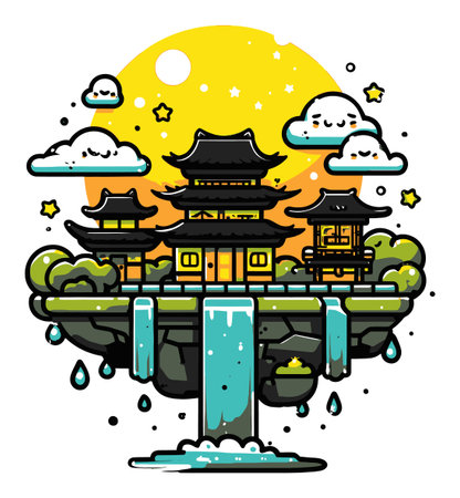 This lively cartoon illustration features floating pagodas surrounded by lush greenery and a cascading waterfall under a bright sun. Perfect for creative projects!のイラスト素材