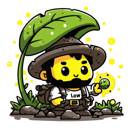 A colorful cartoon explorer character stands under a large leaf, holding a small lantern. The illustration is playful and captures the spirit of adventure in nature.のイラスト素材