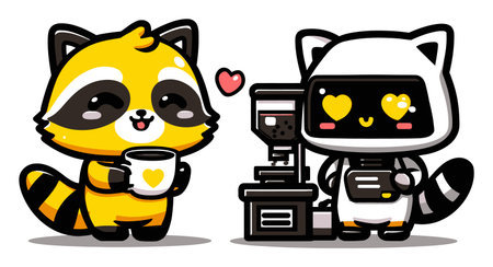 Delight in this charming cartoon featuring a raccoon and a robot sharing a cheerful coffee moment. The colorful design captures friendship and joy in a whimsical style.のイラスト素材