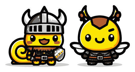 This delightful cartoon artwork features whimsical characters, a smiling snail in armor and an adorable bee, embodying a fantasy theme perfect for children.のイラスト素材