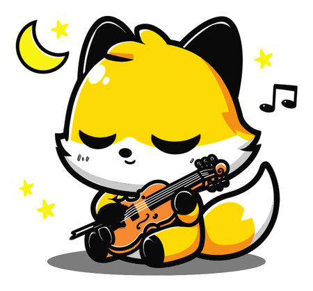 Sweet cartoon fox enjoys playing the violin under a starry night sky, radiating joy and cheerfulness through music. Perfect for children's content.のイラスト素材