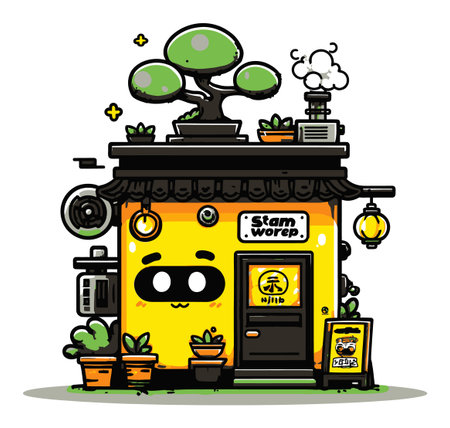 A charming cartoon-style shop featuring a bright yellow exterior, a bonsai tree on top, and potted plants, perfect for adding a whimsical touch to any project.のイラスト素材