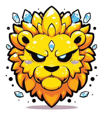 A vivid cartoon lion head featuring vibrant yellow tones and sparkling blue gems. The design is playful yet fierce, capturing a whimsical and charming essence, perfect for various creative projects.のイラスト素材