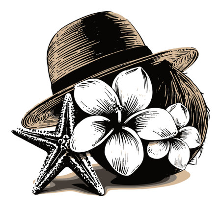 This artistic illustration features a straw hat resting beside tropical flowers and a starfish, capturing the essence of summer relaxation and coastal vibes.のイラスト素材