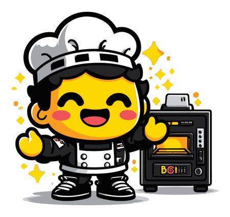 This cheerful cartoon chef character features bright colors and a joyful expression. Surrounded by sparkles and a baking oven, this fun illustration captures the warmth of cooking and culinary creativity. Perfect for food-related themes!のイラスト素材
