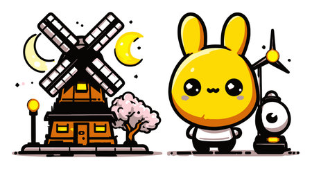 Adorable cartoon of a yellow bunny standing beside a windmill and lantern at night. The scene features whimsical elements like stars and cherry blossoms.のイラスト素材