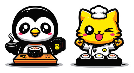 Charming cartoon characters, a penguin and a cat chef, joyfully prepare sushi. Their playful expressions and colorful presentation create a delightful culinary scene.のイラスト素材