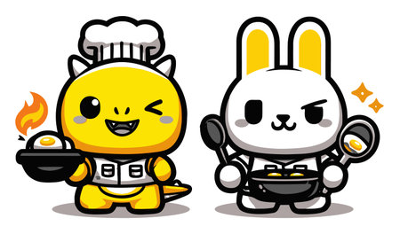 Adorable cartoon characters, a dragon and a rabbit, bring joy to cooking with their lively expressions. Perfect for playful culinary themes and children's content.のイラスト素材