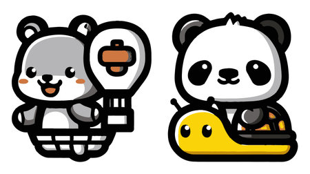 Adorable cartoon animals featuring a bear with a balloon and a panda with a snail. Perfect for children's products, illustrations, and playful designs.のイラスト素材