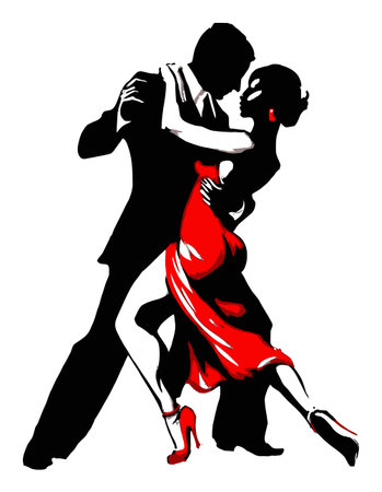 This bold illustration captures the passionate embrace of a couple dancing, showcasing elegance and rhythm through striking red and black colors.のイラスト素材