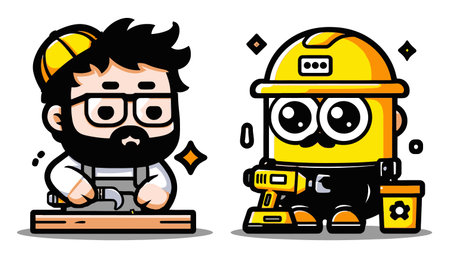 Discover a lively illustration featuring a builder and a cute mechanical robot working together with tools. Perfect for construction-themed projects.のイラスト素材