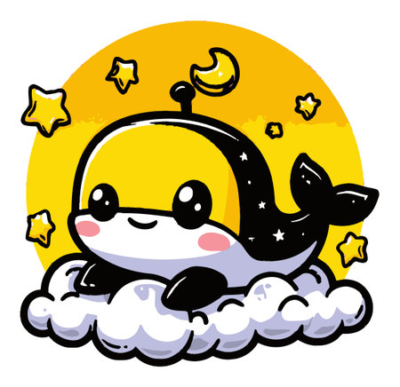 Adorable cartoon whale character happily floating on a cloud with stars and a moon. Perfect for playful designs or children's projects. Bright and colorful!のイラスト素材