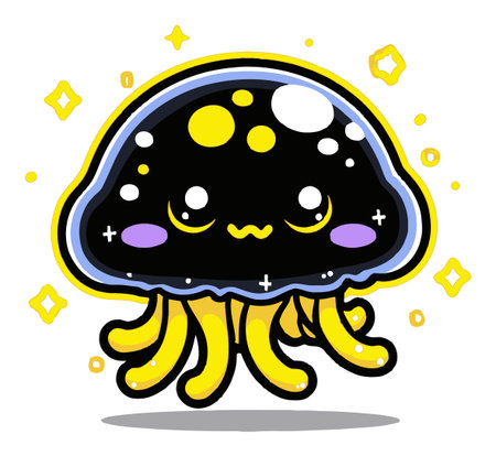 This charming cartoon jellyfish features a black body with yellow tentacles and a happy expression. Ideal for child-friendly themes in illustration and design.のイラスト素材