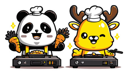 Two adorable cartoon characters, a panda and a deer, joyfully cooking in the kitchen. The panda holds carrots while the deer winks, creating a vibrant and fun atmosphere.のイラスト素材