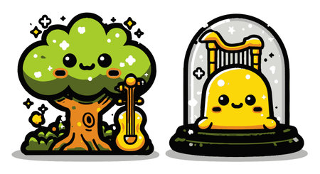 This charming cartoon features a cute tree character with a guitar and a joyful yellow character beside a harp. Perfect for playful designs!のイラスト素材