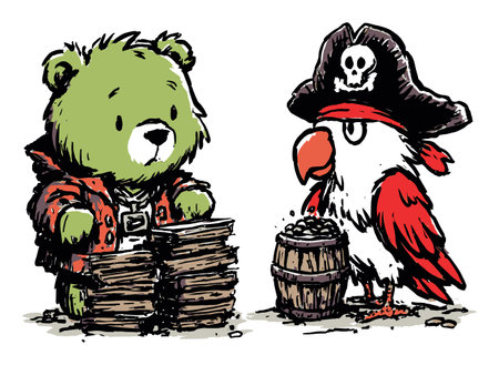 Adorable illustration featuring a cute bear and a colorful parrot with a pirate theme, perfect for children's books or humorous art displays.のイラスト素材