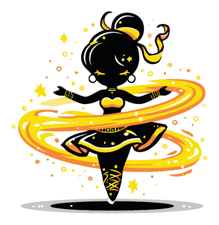 This vibrant cartoon illustration features a stylish dancer spinning gracefully, adorned with yellow swirls and star accents, embodying joy and celebration.のイラスト素材