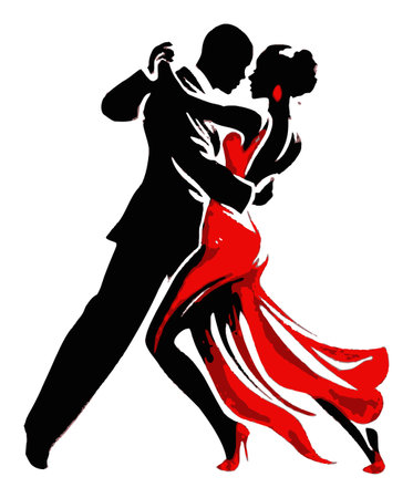 This artistic illustration captures a couple dancing gracefully in bold red and black, symbolizing romance and passion in motion. Perfect for various creative projects.のイラスト素材