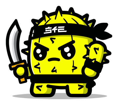 This cartoon cactus character features an adorable yet fierce design, holding a sword. The vibrant yellow and green colors enhance its playful personality, perfect for various creative projects.のイラスト素材