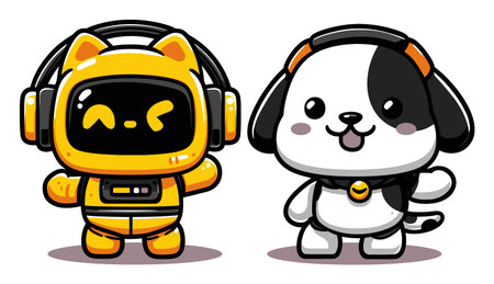 Discover a delightful cartoon featuring a cheerful robot cat and playful dog, both sporting headphones. Perfect for kids' themes and playful designs.のイラスト素材