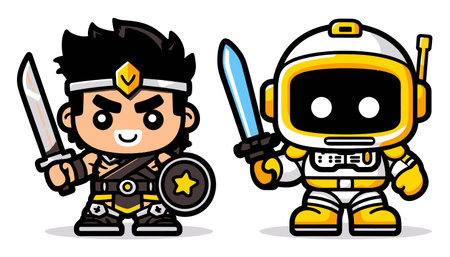 This charming cartoon scene features a cute warrior and a playful robot, both wielding swords. Perfect for adventures and children's themes.のイラスト素材