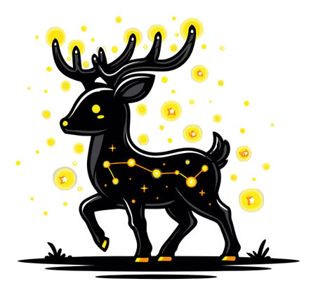 This vibrant cartoon illustration showcases a stylized deer adorned with constellations and glowing stars, creating a whimsical and magical atmosphere in a forest setting.のイラスト素材