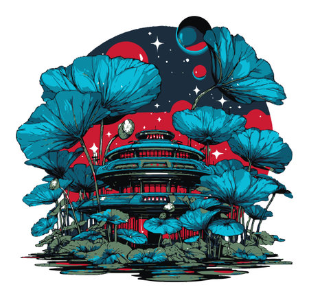 This unique illustration features a vibrant silhouette of a futuristic structure amidst lush flora, set against a cosmic backdrop, perfect for art enthusiasts.のイラスト素材