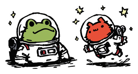 A charming illustration of a frog and a cat dressed as astronauts, floating in space surrounded by stars. Perfect for creative and whimsical projects.のイラスト素材