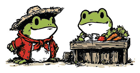 This whimsical illustration features cheerful frogs in a playful market scene, showcasing fresh vegetables and a friendly atmosphere. Perfect for children's themes.のイラスト素材