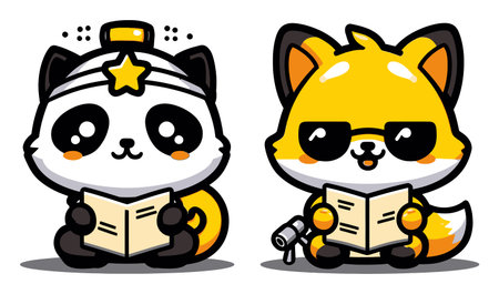 This illustration features cute cartoon characters, a panda and fox, reading books together. Their playful expressions and vibrant colors evoke joy and imagination, perfect for kids.のイラスト素材