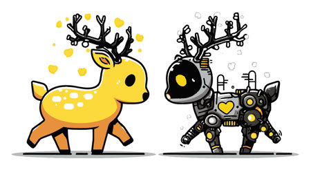 This charming illustration features two adorable deer characters, a vibrant yellow deer and a futuristic robot deer. Perfect for children's media, the design exudes joy and creativity.のイラスト素材