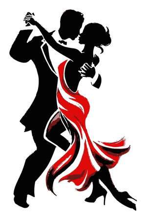 This striking illustration captures a couple dancing elegantly in a striking red dress and classic tuxedo, embodying romance and passion.のイラスト素材